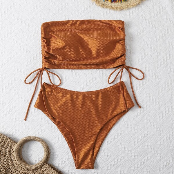 

Textured Drawstring Bandeau Bikini Swimsuit, Burnt orange