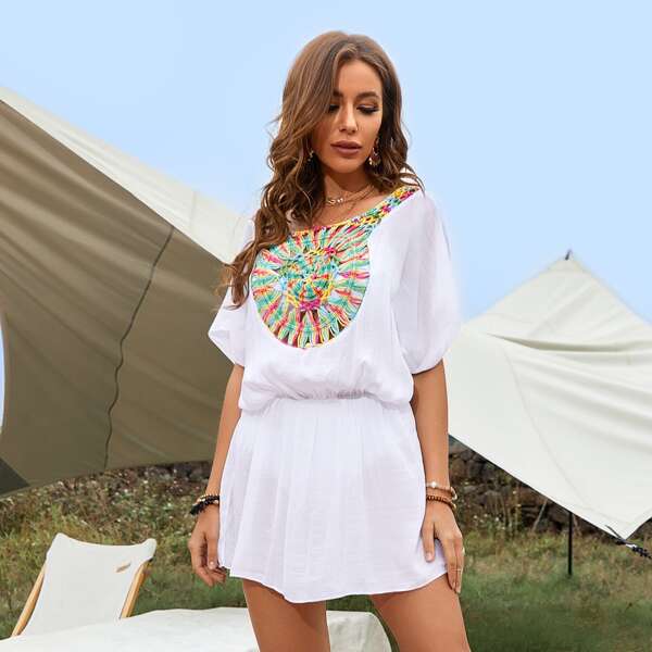 

Contrast Crochet Cover Up, White