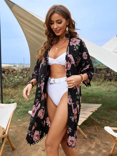 Swim Lushoire Flower Print Pom-Pom Trim Kimono, For Summer Beach Vacation