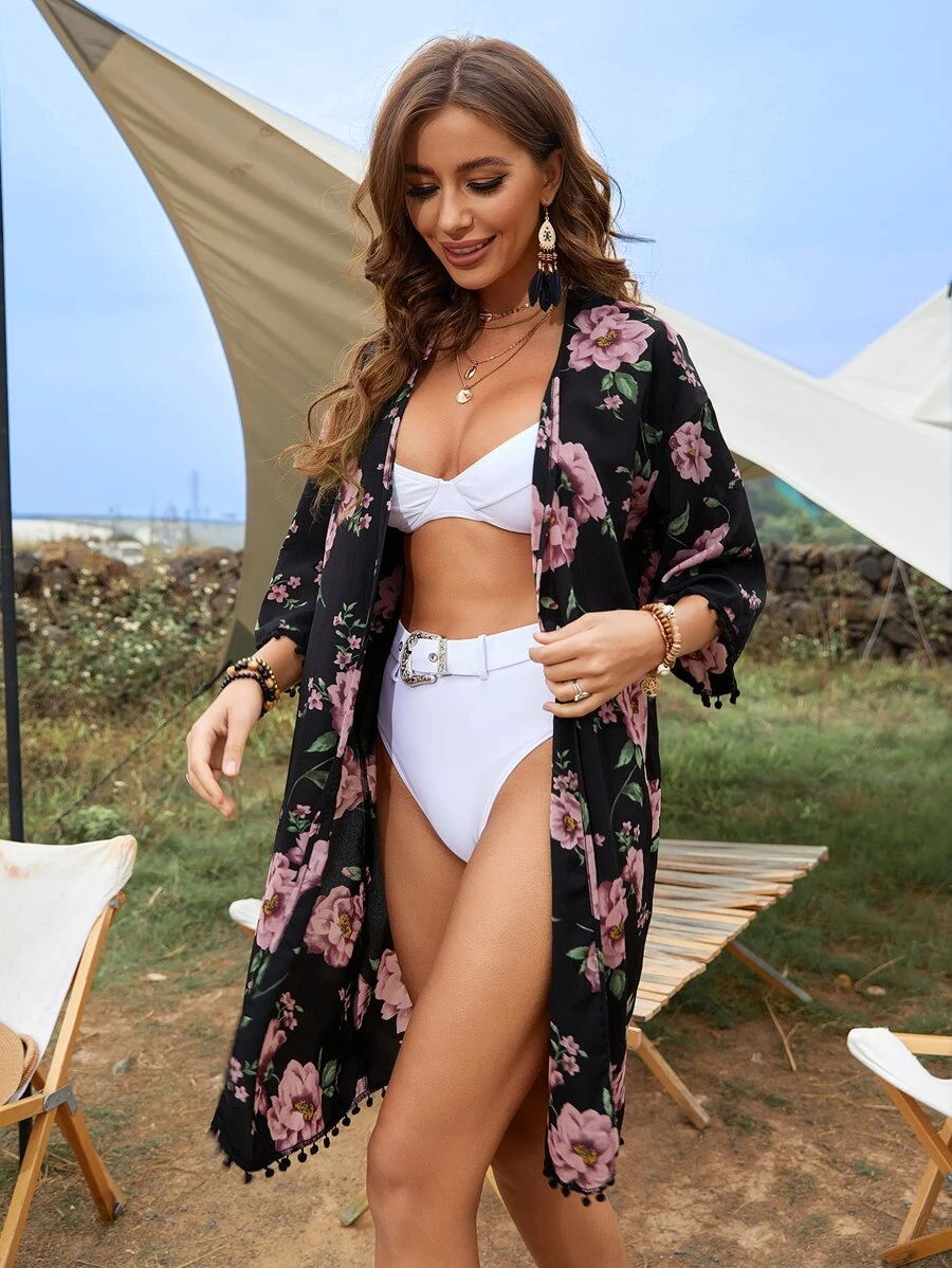 Swim Lushoire Kimono họa tiết hoa tua rua, cho kỳ nghỉ hè ở bãi biển - màu đen - Xem 1