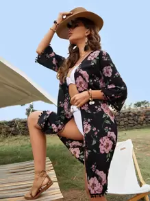 Swim Lushoire Kimono họa tiết hoa tua rua, cho kỳ nghỉ hè ở bãi biển - màu đen - Xem 5