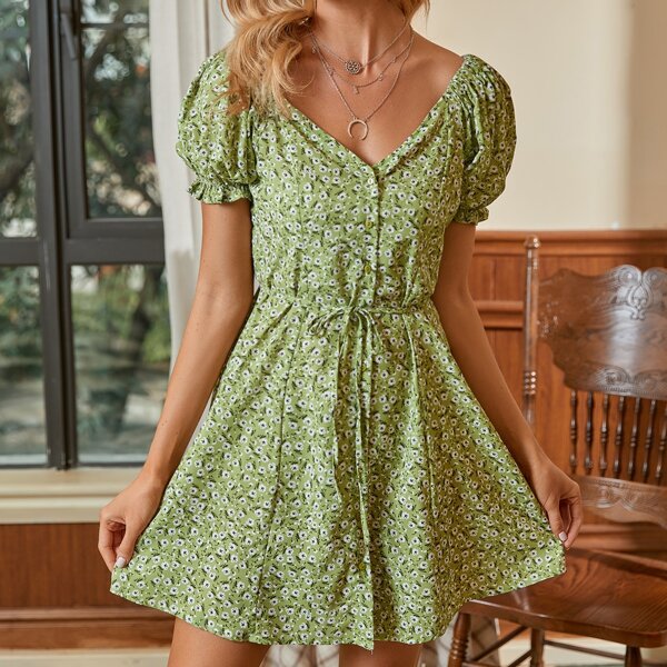 

Ditsy Floral Button Front Belted Dress, Lime green
