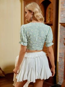 SHEIN Unity Daisy And Gingham Print Tie Front Top - Mint Green - View 2