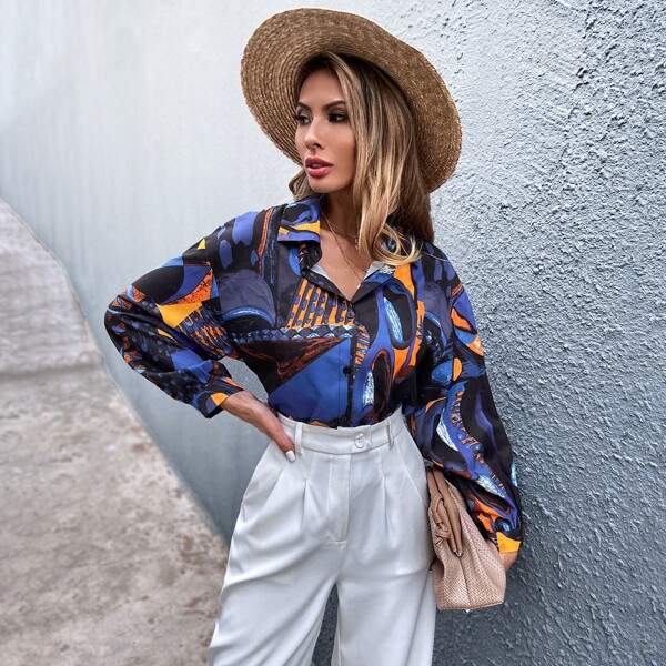 

All Over Print Button Front Drop Shoulder Blouse, Multicolor