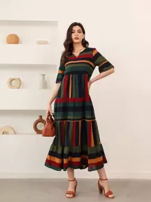 Mulvari 條紋西裝領荷葉邊袖娃娃裙 - 彩色 - 查看 1