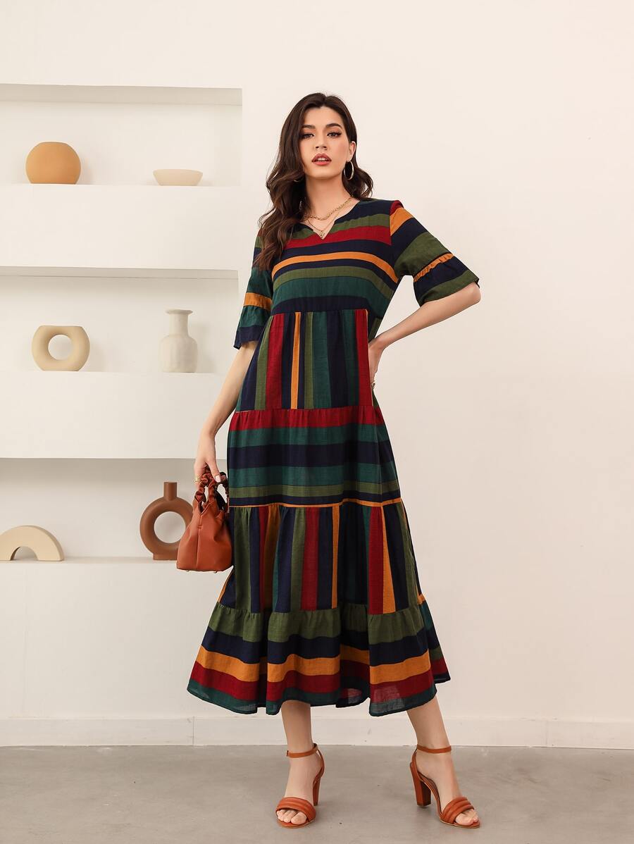 Mulvari 條紋西裝領荷葉邊袖娃娃裙 - 彩色 - 查看 1