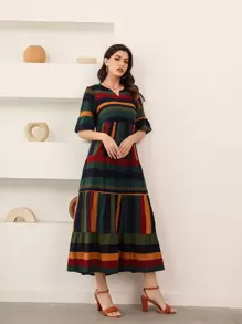 Mulvari 條紋西裝領荷葉邊袖娃娃裙 - 彩色 - 查看 3