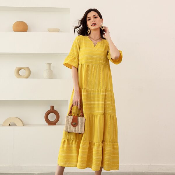 

Striped Notch Neck Flounce Sleeve Dress, Yellow