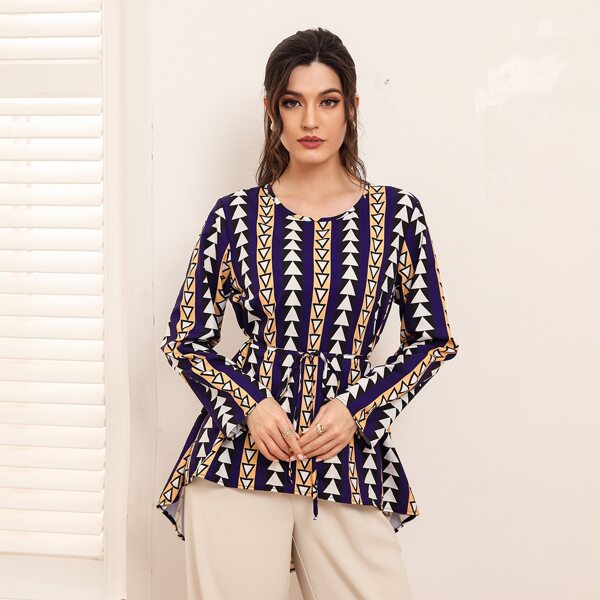 

Geo Print Self Tie High Low Blouse, Multicolor