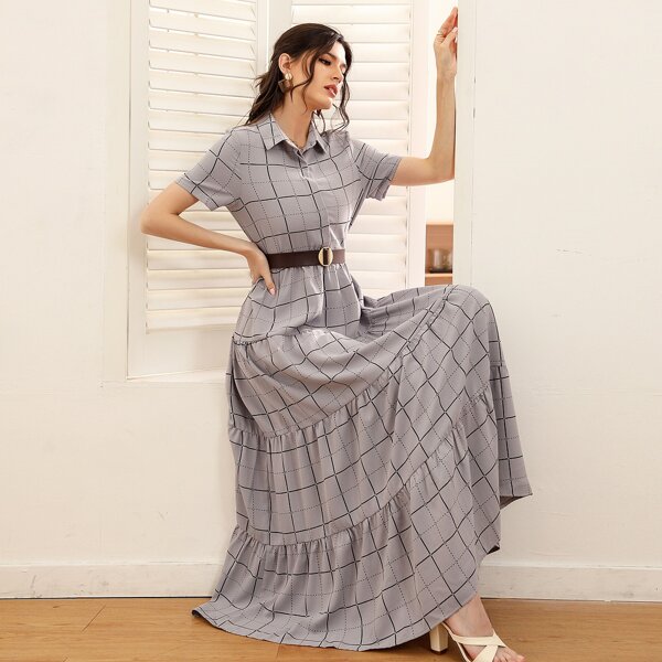 

Ruffle Hem Plaid Belted Shirt Dress, Grey
