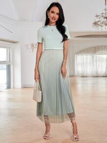 漸變色網紗面A字型連衣裙 - 薄荷綠 - 查看 1