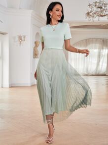 漸變色網紗面A字型連衣裙 - 薄荷綠 - 查看 3