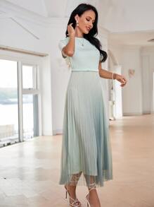 漸變色網紗面A字型連衣裙 - 薄荷綠 - 查看 4