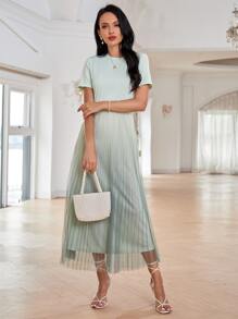 漸變色網紗面A字型連衣裙 - 薄荷綠 - 查看 6