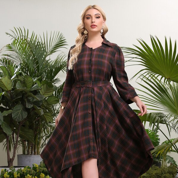 

Plus Plaid Hanky Hem Belted Shirt Dress, Chocolate brown
