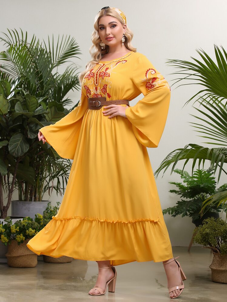 Plus Floral Embroidery Bell Sleeve Dress Without Belt - Mustard Yellow - View 1