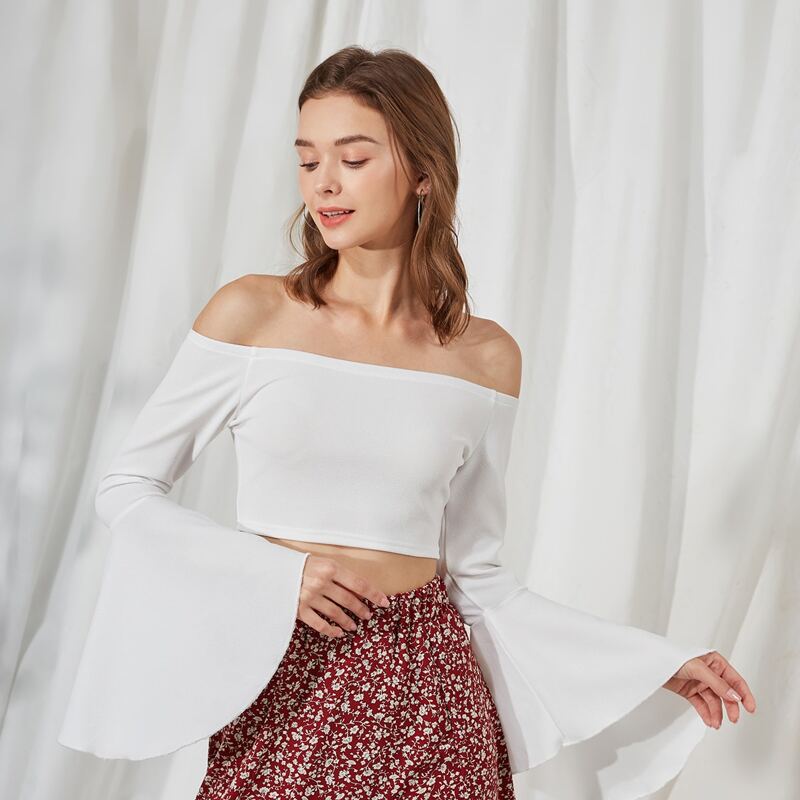 

Off The Shoulder Flounce Sleeve Crop Top, White