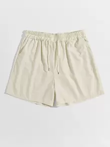 ROMWE MEN Prep Men Summer Solid Drawstring Waist Shorts, School - Beige - View 1