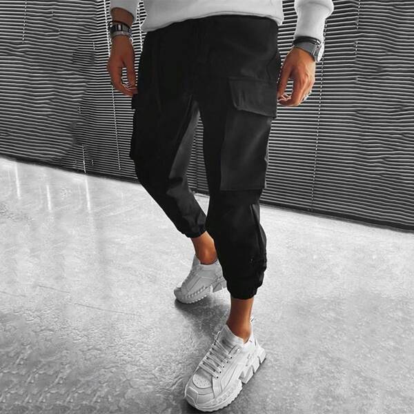 

Men Solid Flap Pocket Pants, Black