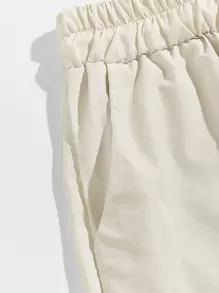 ROMWE MEN Prep Men Summer Solid Drawstring Waist Shorts, School - Beige - View 3