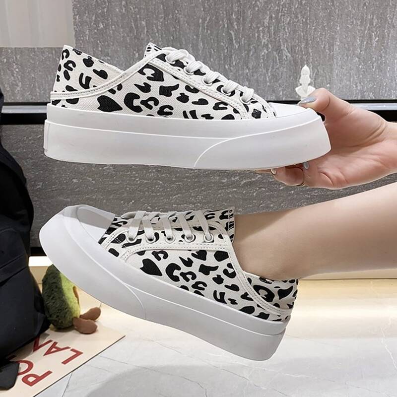 

Leopard Lace-up Canvas Sneakers, Black and white