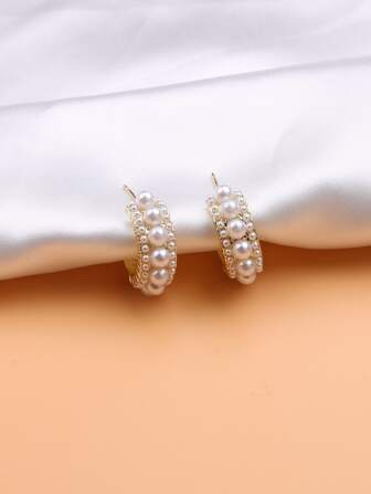 Faux Pearl Decor Open Hoop Earrings