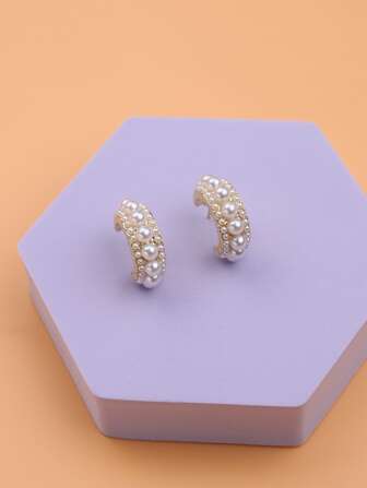 Faux Pearl Decor Open Hoop Earrings