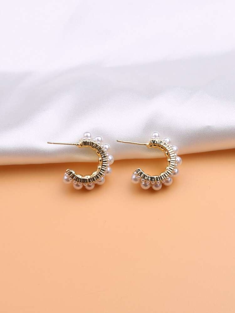 Faux Pearl Decor Open Hoop Earrings