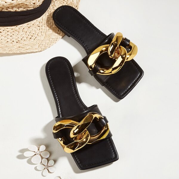

Chain Decor Slide Sandals, Black