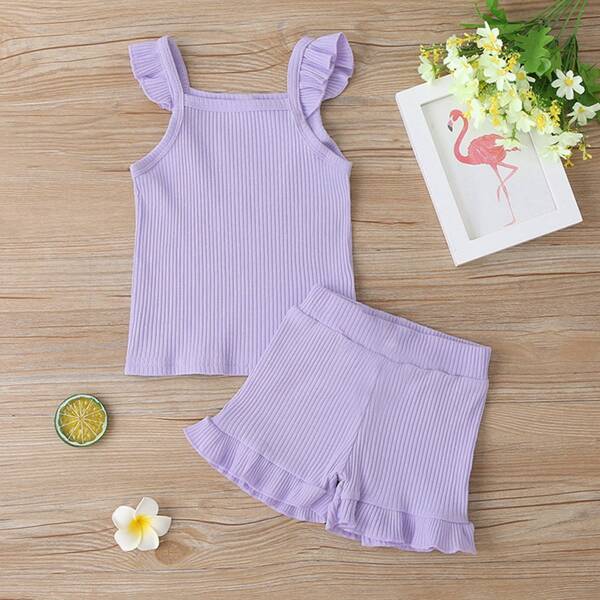

Toddler Girls Ruffle Rib-knit Cami Top With Shorts, Lilac purple