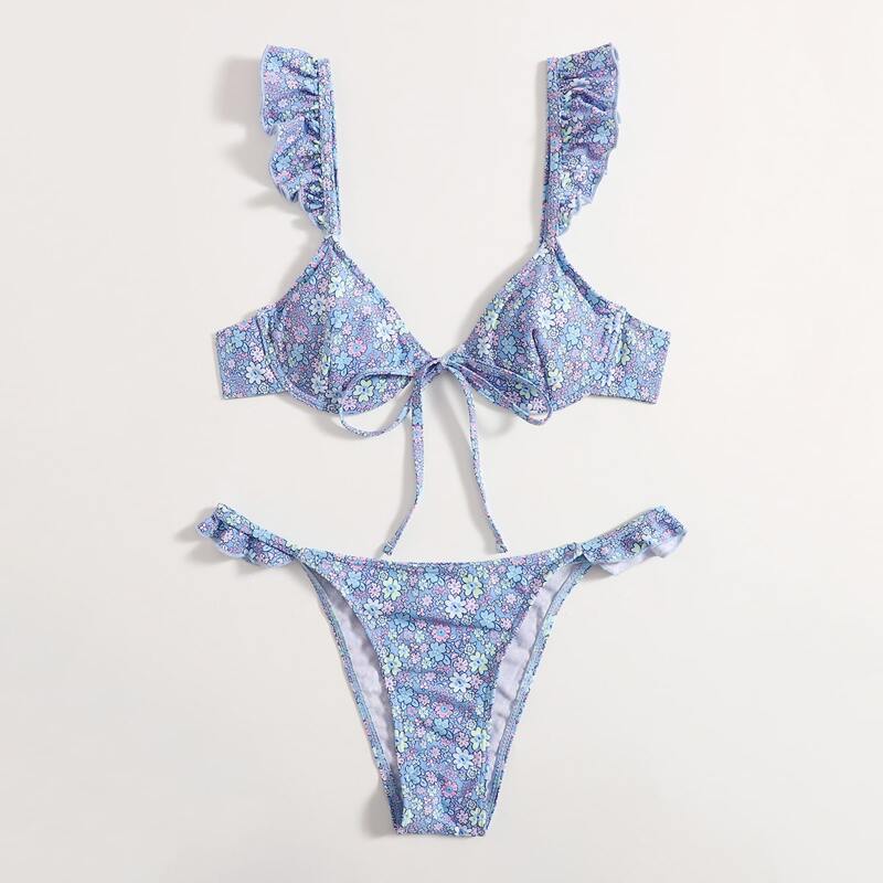 

Ditsy Floral Ruffle Trim Bikini Swimsuit, Multicolor