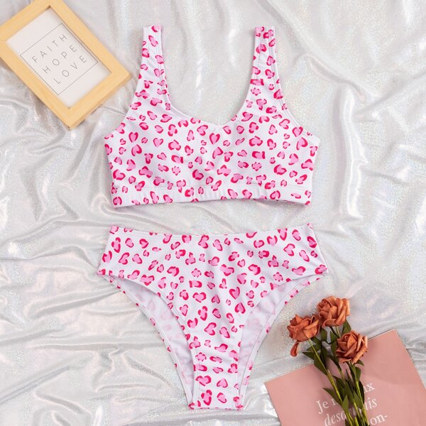

Leopard Scoop Neck Bikini Swimsuit, Pink
