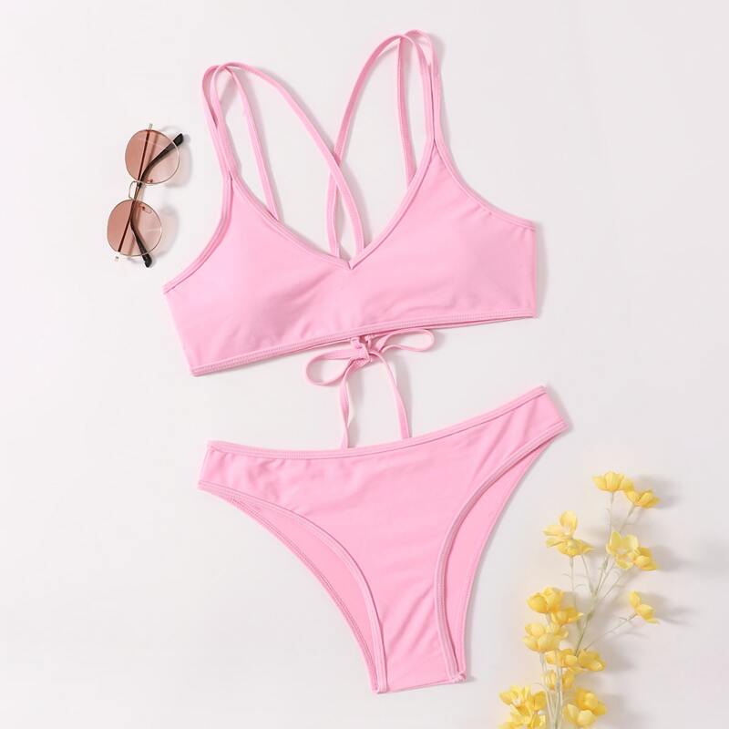

Solid Double Strap Bikini Swimsuit, Pink