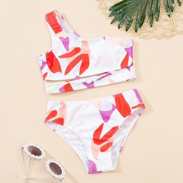 

Girls Graphic Cut-out One Shoulder Bikini Swimsuit, Multicolor