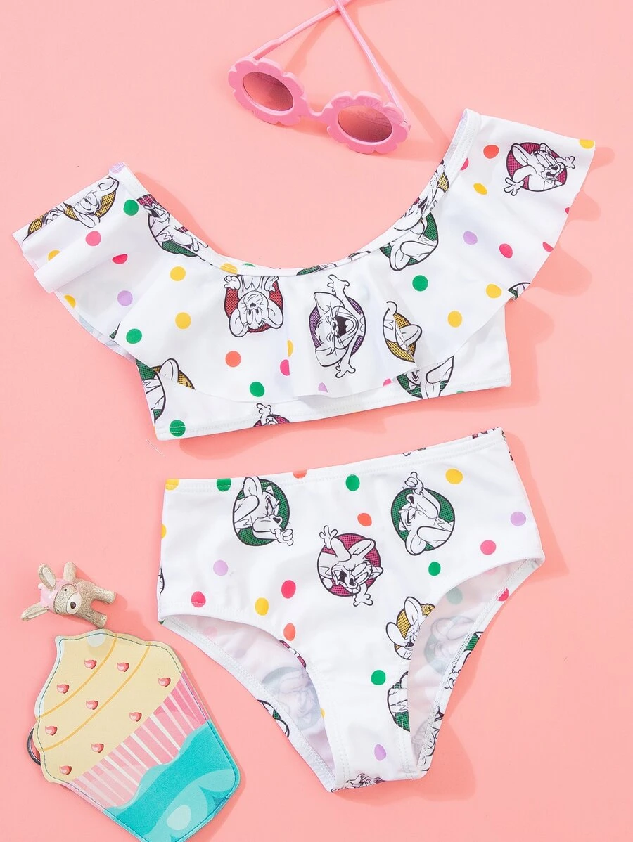 TOM & JERRY X SHEIN Young Girl Ruffle Trim Cartoon Print Bikini Set Summer Beach - Multicolor - View 1