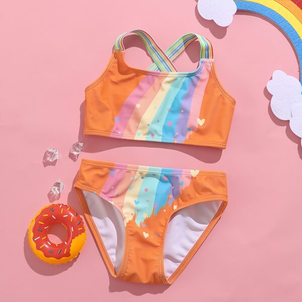 

Toddler Girls Rainbow Striped Pattern Bikini Swimsuit, Orange