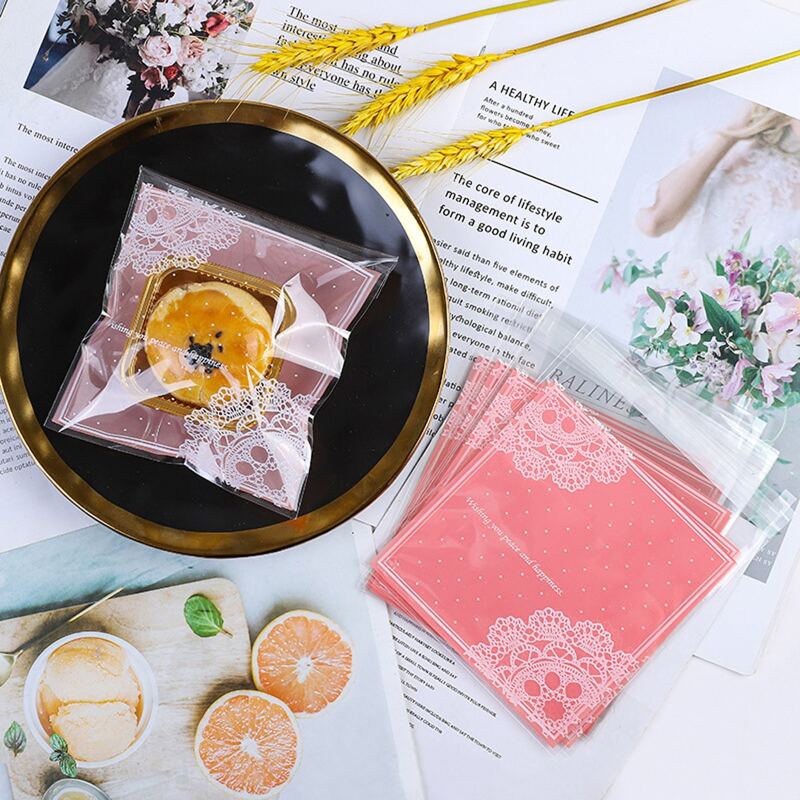 

100pcs Lace Pattern Packaging Bag, Pink