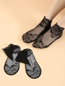 3pairs Contrast Lace Ankle Socks - Black - View 1