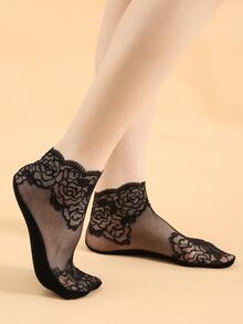 3pairs Contrast Lace Ankle Socks - Black - View 2