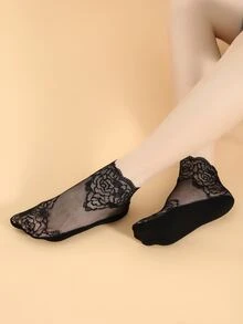 3pairs Contrast Lace Ankle Socks - Black - View 3