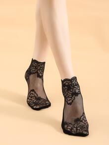 3pairs Contrast Lace Ankle Socks - Black - View 4