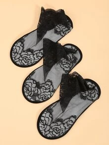 3pairs Contrast Lace Ankle Socks - Black - View 6