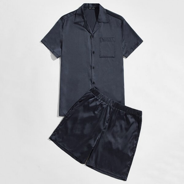 

Men Notch Collar Patch Pocket Satin Shirt & Shorts PJ Set, Navy blue