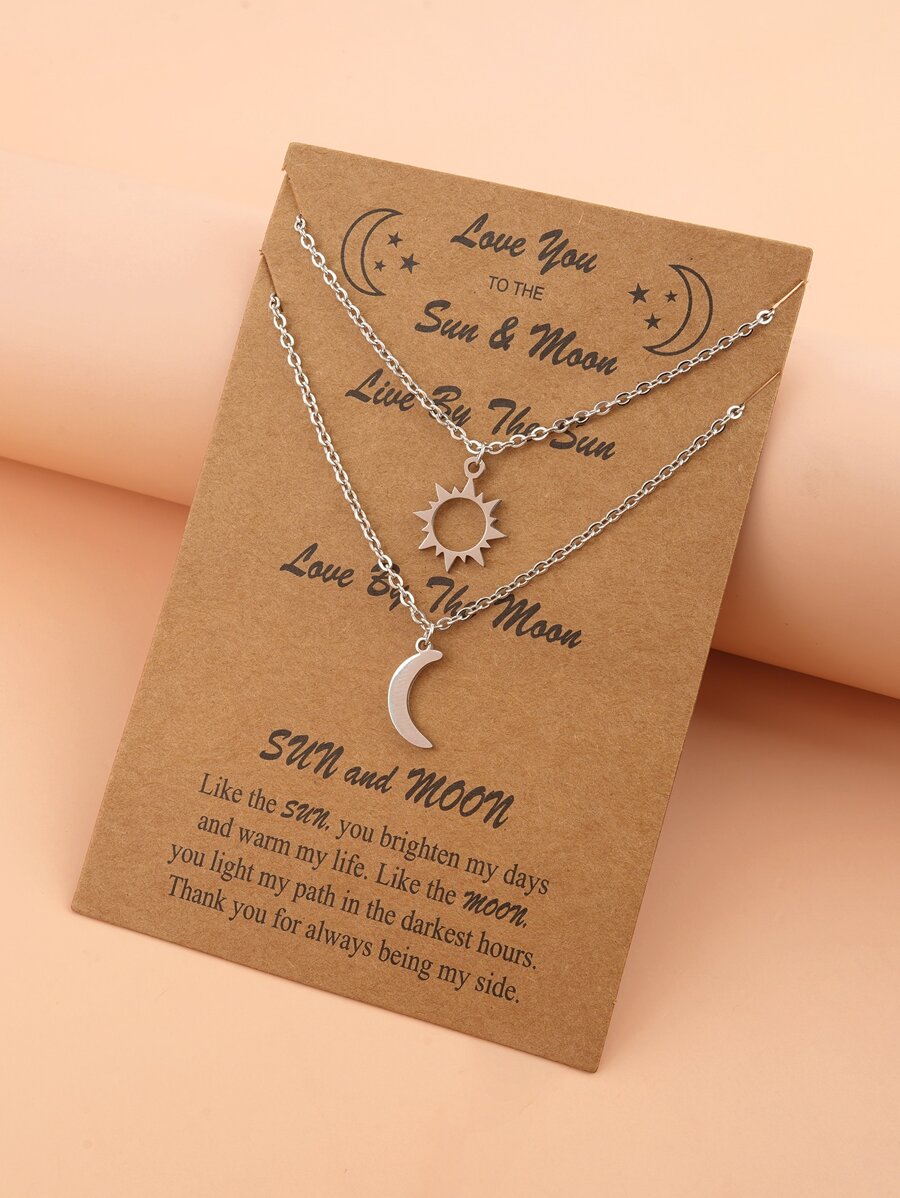 2pcs Couple Moon & Sun Charm Necklace - Silver - View 1