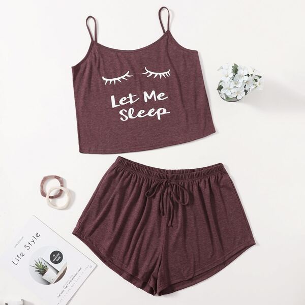 

Plus Slogan Graphic Tie Front Cami Pajama Set, Maroon
