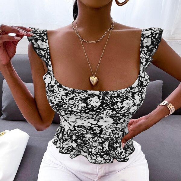 

Floral Print Tie Back Ruffle Hem Crop Top, Black and white