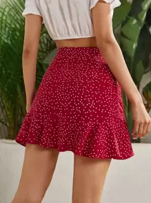 Soleia Drawstring Ruched Dalmatian Skirt - Burgundy - View 2