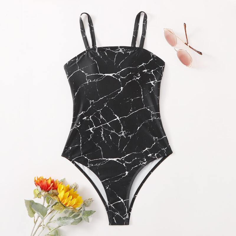 

Marble Print One Piece Swimsuit, Black