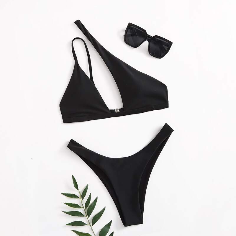 

Solid One Shoulder Bikini Swimsuit, Black