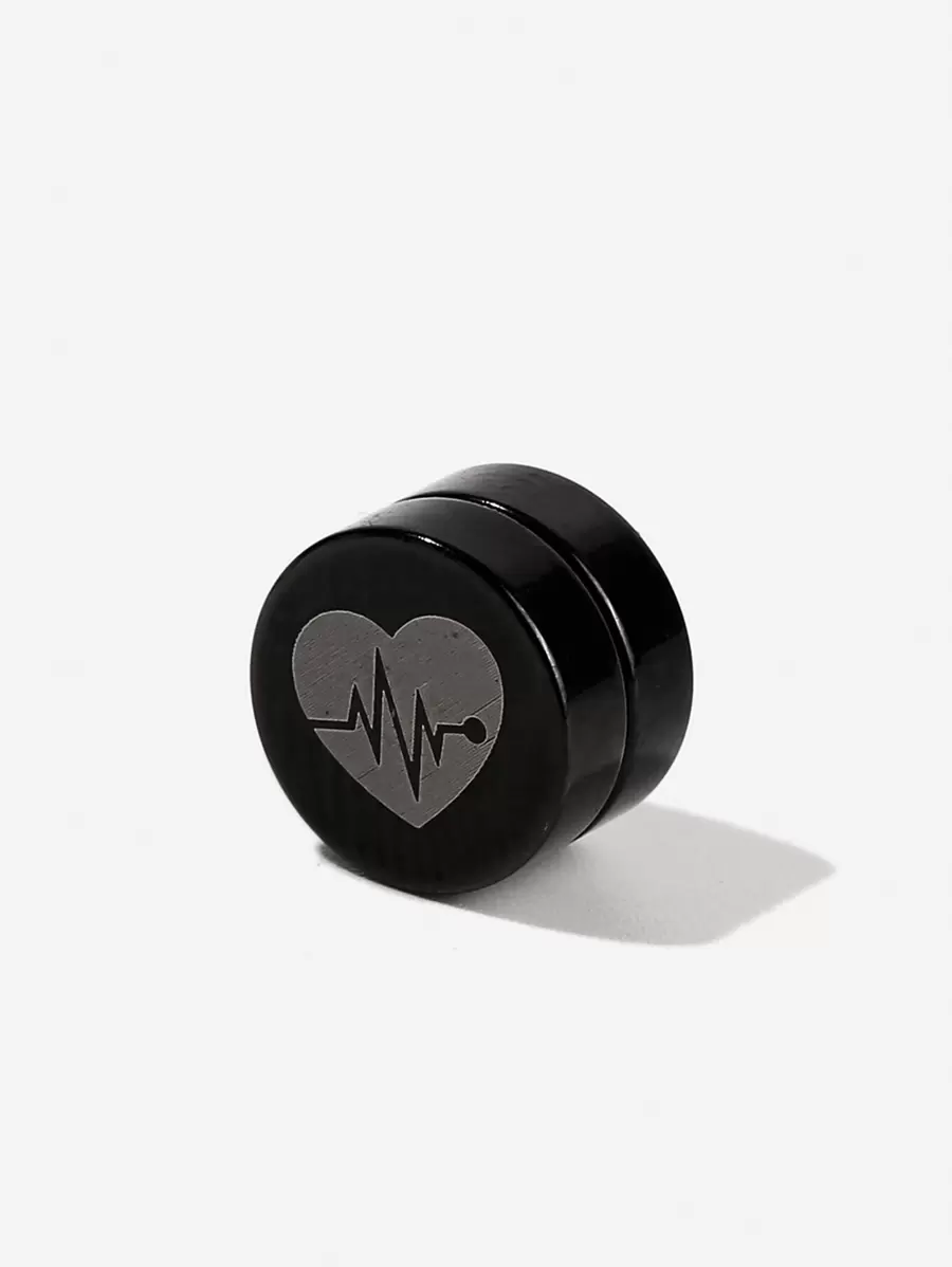 Fashionable and Popular Men Heart Print Earring Stainless Steel for Jewelry Gift and for a Stylish Look - Black - View 1